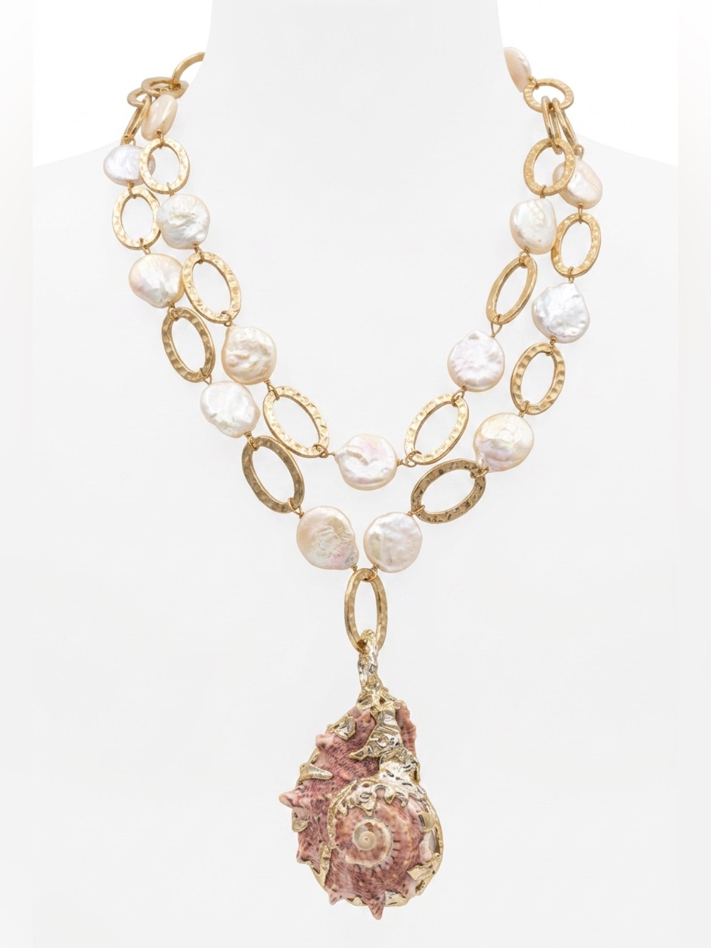 Conch Shell & White Keshi Teardrop Pearl Necklace With Artisan Silver Metalwork - Picture 3 of 17